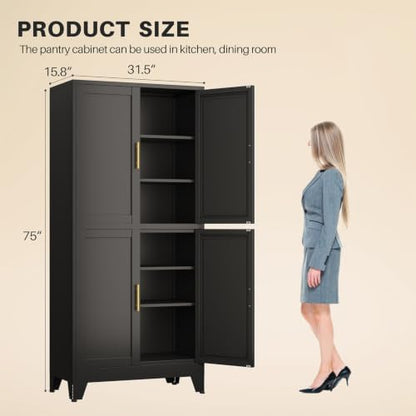 winiowa 75" Tall Kitchen Pantry Cabinet, Metal Storage Cabinet with Doors and Adjustable Shelves, Black Freestanding Pantry Cabinet for Kitchen, Dining Room, Living Room, Laundry Room, Bathroom