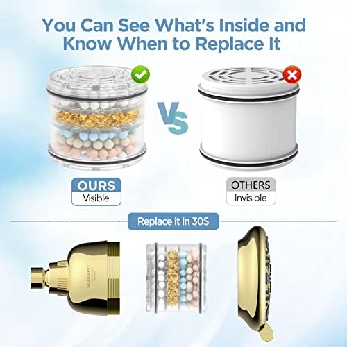 MakeFit Filtered Shower Head - High Pressure Rain - Shower Head with filter for Hard Water - Luxury 7 Settings Adjustable Water Filter Showerhead (Gold)