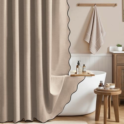 BTTN Tan Boho Scalloped Linen Textured Cloth Shower Curtain, 72x72, Taupe