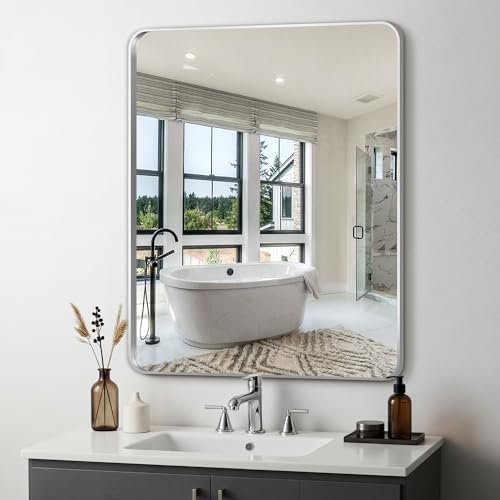 Delma Bathroom Vanity Mirror, Silver Framed Mirror for Over Sink, 36x30