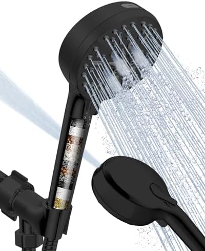 Filtered Shower Head with Handheld Matte Black, BOWGER 6 Modes High Pressure Shower Heads with Power Wash Mode and Hard Water Filter, Detachable Hand Held Showerhead Set with Extra Long Hose