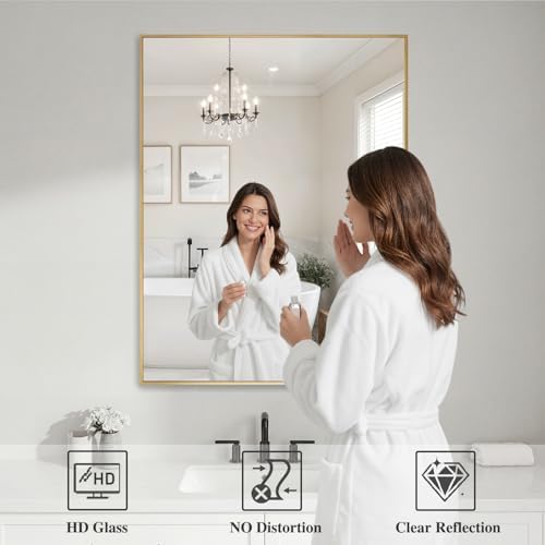 Koonmi Gold Mirrors for Wall, 30x40 Inch Bathroom Mirror, Rectangular Wall Mirror for Living Room Bedroom Bathroom, Hangs Horizontally or Vertically