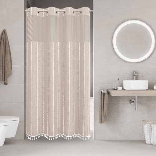 eachope No Hook Stall Shower Curtain with Snap-in Fabric Liner - 54x80 Heavy-Duty Linen Textured Striped Design,Narrow Rustic Modern Farmhouse Bohemian Bathroom Curtain,Water-Repellent,Tan/Taupe