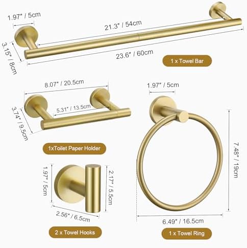 TURS Brushed Gold 5 Piece Bathroom Hardware Set, SUS304 Stainless Steel Bath Towel Bar Set, 23.6 Inch Round Bathroom Accessories Kit Wall Mounted