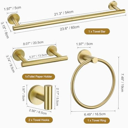 TURS Brushed Gold 5 Piece Bathroom Hardware Set, SUS304 Stainless Steel Bath Towel Bar Set, 23.6 Inch Round Bathroom Accessories Kit Wall Mounted