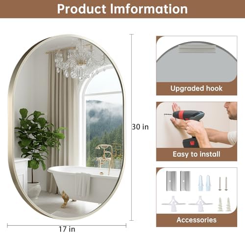 Brushed Nickel Mirror, 17"x30" Oval Bathroom Mirror, Oval Mirror