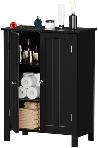 ZENY Bathroom Floor Storage Cabinet with Double Door + Adjustable Shelf, Wooden Organizer Cabinet for Living Room, Bathroom, Bedroom, Modern Home Furniture (Black)