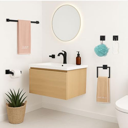 5-Piece Matte Black Bathroom Hardware Accessories Set - 16 Inch Stainless Steel Wall Mounted Towel Rack, Toilet Paper Holder, Towel Ring & 2 Hooks, Bathroom Organizer and Storage