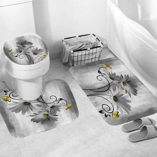 Onalasyc 4PCS Grey Daisy Floral Bathroom Sets with Shower Curtain and Rugs