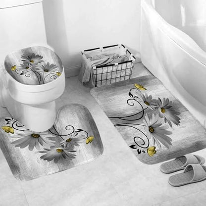 Onalasyc 4PCS Grey Daisy Floral Bathroom Sets with Shower Curtain and Rugs
