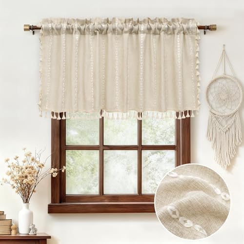 Seenus Boho Farmhouse Linen Valance Curtain, 52x18 inch Soft Light Filtering & Privacy Window Valance with Tassels for Living Room Kitchen Bathroom, Rod Pocket, Beige Cream