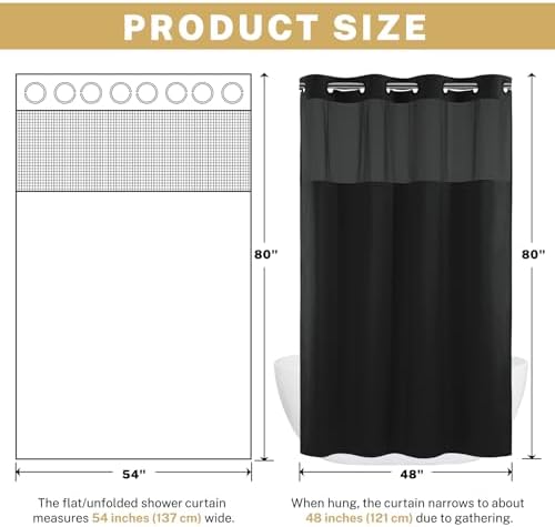 WONICY Stall No Hook Shower Curtain with Liner, Black, 54 x 80 Inch