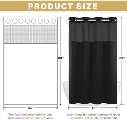 WONICY Stall No Hook Shower Curtain with Liner, Black, 54 x 80 Inch