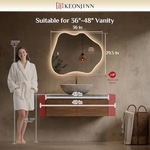 Keonjinn Irregular Backlit Bathroom Mirror 30 x 36 Inch, HD Tempered Glass