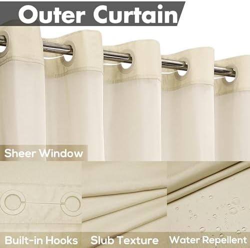 River Dream No Hook Shower Curtain with Snap-in Liner Set, Linen, 71x74