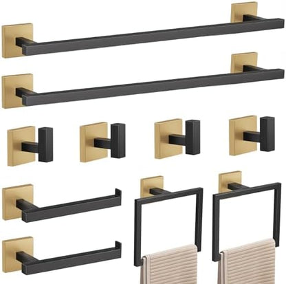 YACVCL 10-Piece Towel Bar Set,Black and Gold Bathroom Hardware Set, Black&Gold Bathroom Accessories Set, SUS304 Stainless Steel 23.6 Inch Towel Holder Towel Racks Set Wall Mounted