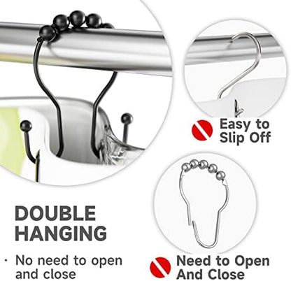 Bathway Shower Curtain Hooks Shower Curtain Rings Black Shower Curtain Hooks RustProof Smooth Metal Double Shower Curtain Hook, Shower Hooks for Shower Curtain Liner Bathroom Shower Rod Hook