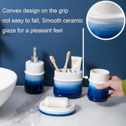 Navy Blue Bathroom Accessories Set, 4-Piece Blue Ceramic Bathroom Decorations Accessories Set,Contain Toothbrush Cup,Soap Dispenser,Soap Dish,Tumbler