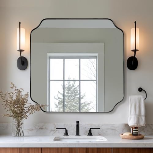 ANDY STAR 24x24 Inch Square Mirror, Matte Black Vanity Mirror, Modern Scalloped Bathroom Mirror in Premium Stainless Steel Thin Frame, Unique Rounded Notched Corners