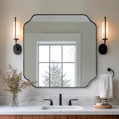 ANDY STAR 24x24 Inch Square Mirror, Matte Black Vanity Mirror, Modern Scalloped Bathroom Mirror in Premium Stainless Steel Thin Frame, Unique Rounded Notched Corners