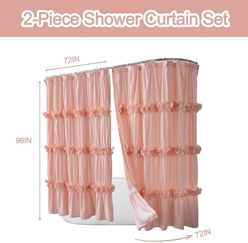 Homechoice Decor 2-Piece Peach Shower Curtain Set, Soft Fabric Double Panels for Easy Access, Cozy Brushed Texture, Ruffle Design, Everyday Bathroom Décor, 72" W x 96" H x 2 Panels (LQ-44)