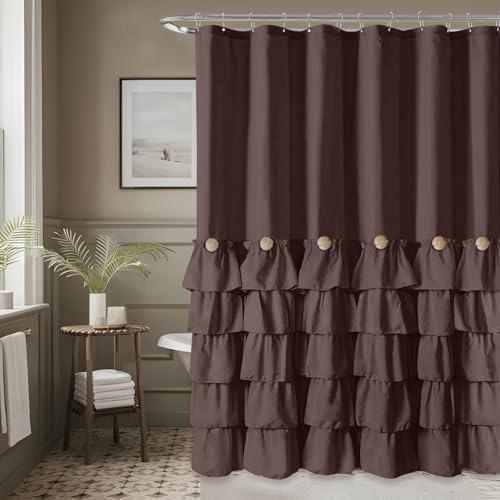 Seasonwood Brown Ruffle Shower Curtain Farmhouse Shower Curtain 72 X 84