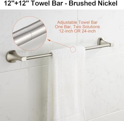 BGL Bathroom Hardware Set Brushed Nickel Adjustable Expandable Towel Bar 4-Piece Bathroom Accessory Set Wall Mounted Robe Hook Toilet Paper Holder Towel Ring Towel Bar