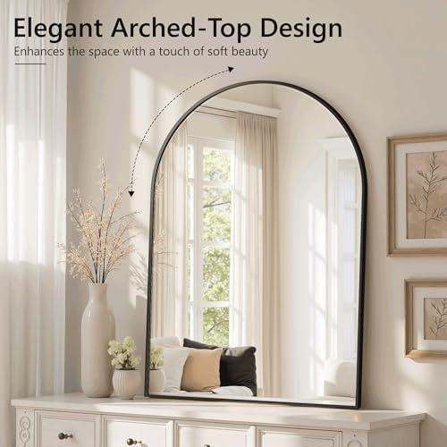 Arched Bathroom Mirror for Wall, 38" x 26" Metal Frame Vanity Mirror, Black