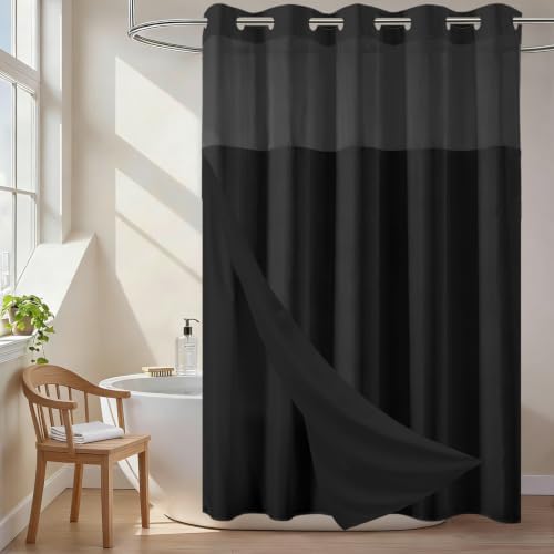 No Hook Shower Curtain and Liner Set for Bathroom, Black, 71" x 74"