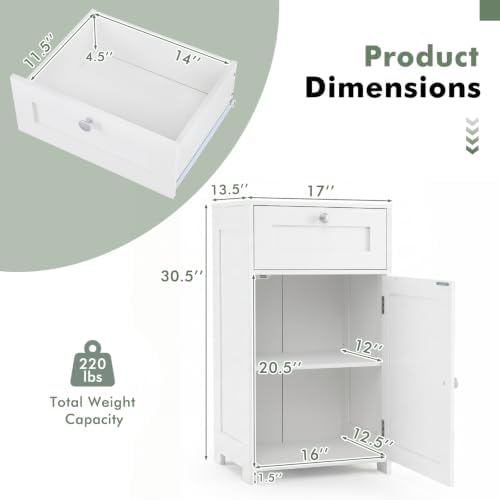 GIANTEX Floor Bathroom Storage Cabinet with Door and Drawer (White)