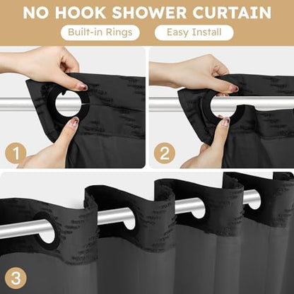 FADOTY Black No Hook Shower Curtain Set with Snap in Liner, 71'' x 74''