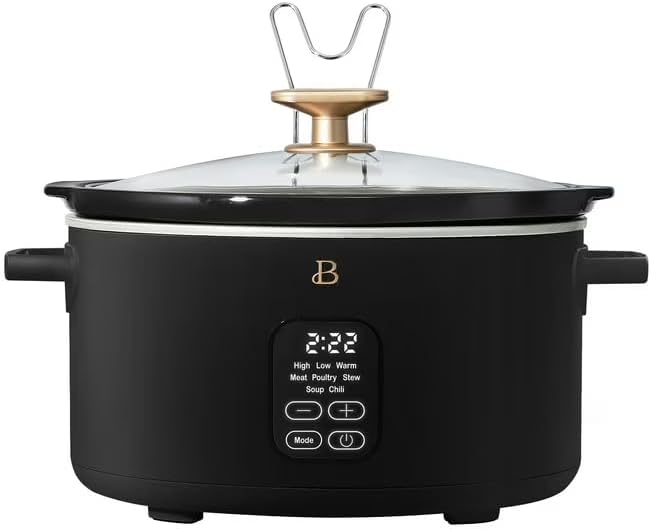 B 6 Qt Programmable Slow Cooker with Digital Timer, 5 Cooking Functions, Removable Ceramic Pot, Tempered Glass Lid, Dishwasher Safe (Black Sesame)