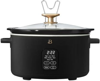B 6 Qt Programmable Slow Cooker with Digital Timer, 5 Cooking Functions, Removable Ceramic Pot, Tempered Glass Lid, Dishwasher Safe (Black Sesame)