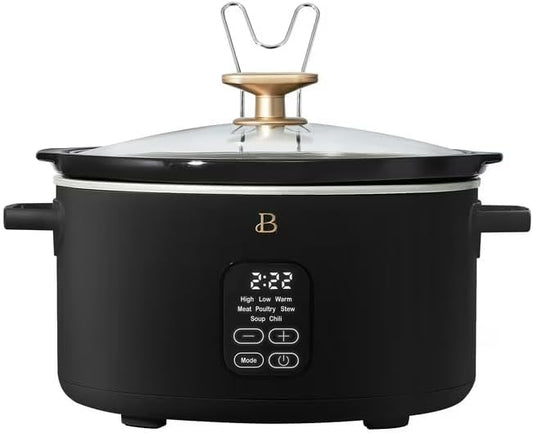 B 6 Qt Programmable Slow Cooker with Digital Timer, 5 Cooking Functions, Removable Ceramic Pot, Tempered Glass Lid, Dishwasher Safe (Black Sesame)