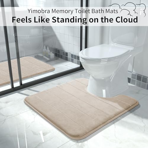 Yimobra Memory Foam Toilet Bath Mat U-Shaped, Soft and Comfortable, Super Water Absorption, Non-Slip, Thick, Machine Wash and Easier to Dry for Bathroom Commode Contour Rug, 24 X 24 Inches, Beige