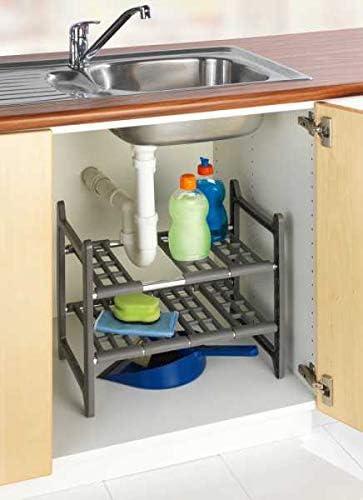 WENKO Under Sink Organizer for Kitchen and Bathroom, Under Cabinet Storage, Expandable Shelf from 17 to 31 in, 2 Tier Rack for Counter Organization, Gray