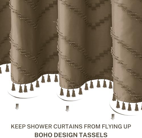 Siiluminisoy Extra Long Boho Shower Curtain, Woven Fabric 84 in Khaki, 72 x 84, Tufted Chevron Striped Modern Chic Textured Minimalist Bathroom Shower Curtain