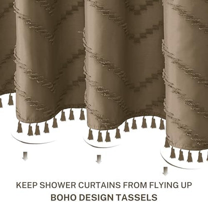Siiluminisoy Extra Long Boho Shower Curtain, Woven Fabric 84 in Khaki, 72 x 84, Tufted Chevron Striped Modern Chic Textured Minimalist Bathroom Shower Curtain