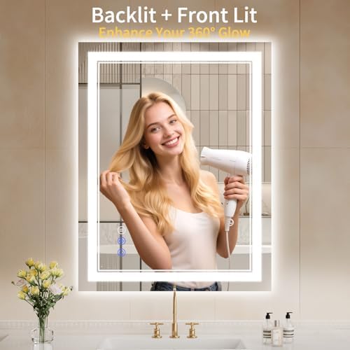 28"x36" LED Bathroom Mirror with Lights, Anti-Fog, Backlit + Front Lit, Dimmable, Led Vanity Mirror for Wall, Lighted Bathroom Mirror, 3 Colors, Shatter-Proof Tempered Glass