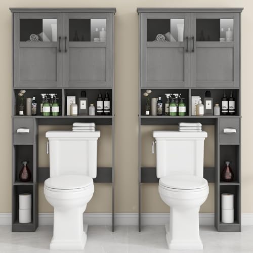 Vabches Over The Toilet Storage Cabinet with Doors & Paper Holder, Ash Grey