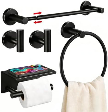 5Pcs Bathroom Hardware Set, Matte Black Bathroom Accessories Set with 24" Towel Bar, Upgraded Toilet Paper Holder with Shelf, Towel Ring & 2 Robe Hooks, Wall Mounted Stainless Steel Bath Hardware Set