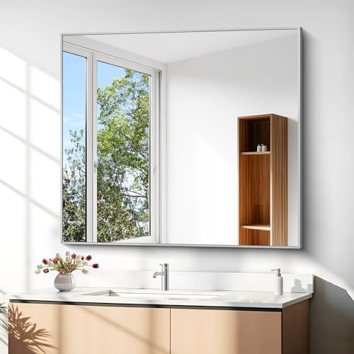 DESBING 36" x 40"Bathroom Mirror, Silver Rectangle Corner Wall Mirror with Metal Frame, Decorative Rectangular Vanity Mirror for Bedroom Bathroom Living Room Entryway (Horizontal/Vertical)