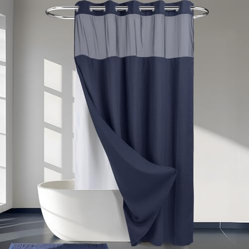 River Dream Heavyweight Waffle No Hook Shower Curtain with Liner,Navy,71x86