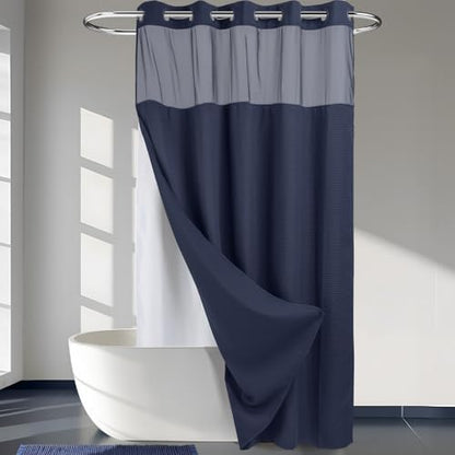 River Dream Heavyweight Waffle No Hook Shower Curtain with Liner,Navy,71x86