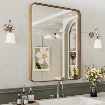 LOAAO 28X36 Bathroom Mirror with Wood Grain Colored Metal Frame