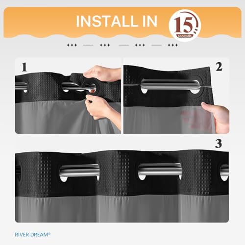 RiverDream Heavyweight Waffle No Hook Shower Curtain with Liner,Black,71x86