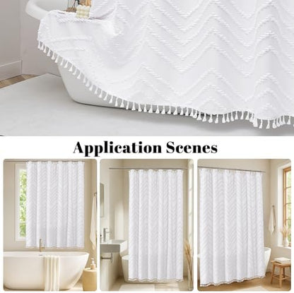 OWENIE Small Boho Stall Shower Curtain, White Fabric Cloth Stall Shower Curtain 36 x 72 Half Size with Tassel Tufted Chevron Striped Textured Modern Farmhouse for Bathroom, Machine Washable