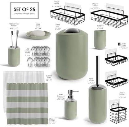 Clara Clark Bathroom Accessories Set - Bathroom Set with Adhesive Corner Shower Caddy Hanging, 25PC Bathroom Accessory Set, Sage Green Shower Curtain Set, Toilet Brush, Trash Can & Soap Dispenser