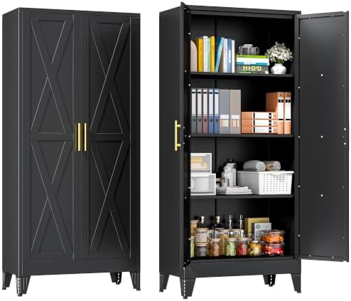 61" Metal Storage Cabinet with 2 Doors and 3 Adjustable Shelves,Black Farmhouse Kitchen Pantry Cabinet,Steel Garage Tool Cabinet,File Cabinetfor Home,Office,Dinning Living Room,Warehouse
