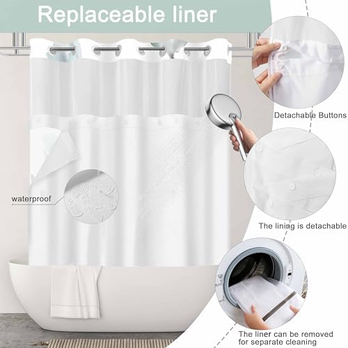 No Hook Shower Curtain and Liner Set, Teal Blue Boho Floral 71x74